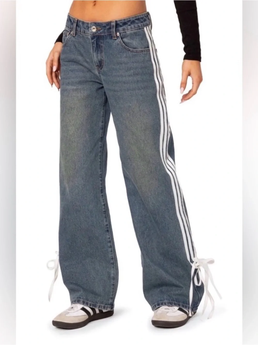 Mid-Rise Wide-Leg Jeans with White Side Stripes - Picture 1 of 4